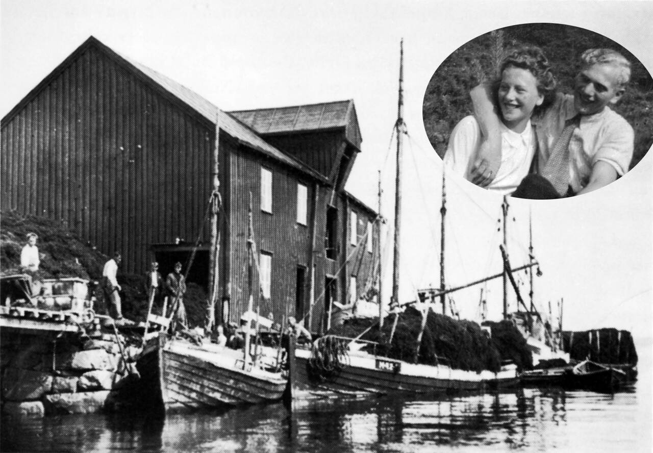 Algea Fabrikker ble etablert i Kvalvika i 1937. Ole Nerdal (innfelt bilde sammen med Margit) begynte å jobbe her i 1938. Foto: Haakon Torgersen / Nerdal-familien