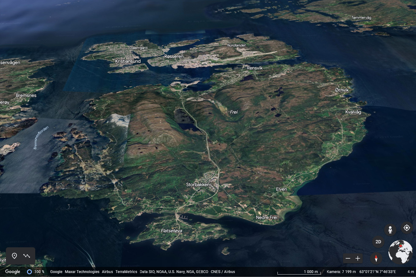 Kristiansund Frei kommune ble innlemmet i nye Kristiansund kommune i 2008. Skjermbilde fra Google Earth.