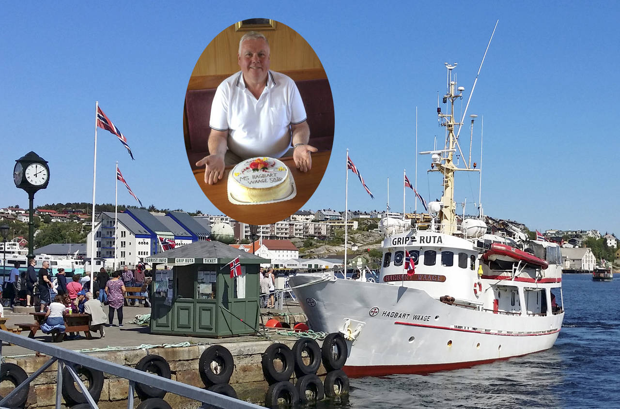 50-års jubilanten «Hagbart Waage» pynter opp ved Piren. Skipper og reder Ole Tønder serverte jubileumsbløtkake 7. juni. Foto: Terje Holm/Grip Shipping
