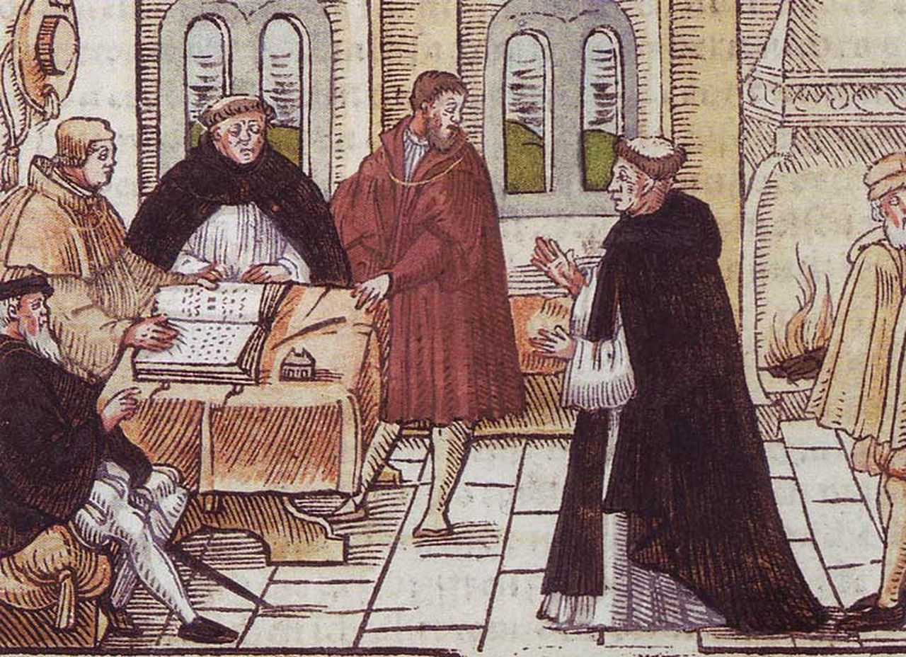 Luther måtte forklare sine synspunkter overfor pave Leo Xs legat i Tyskland, kardinalen Tommaso de Vio Cajetan, i 1518. Tresnitt fra 1557.