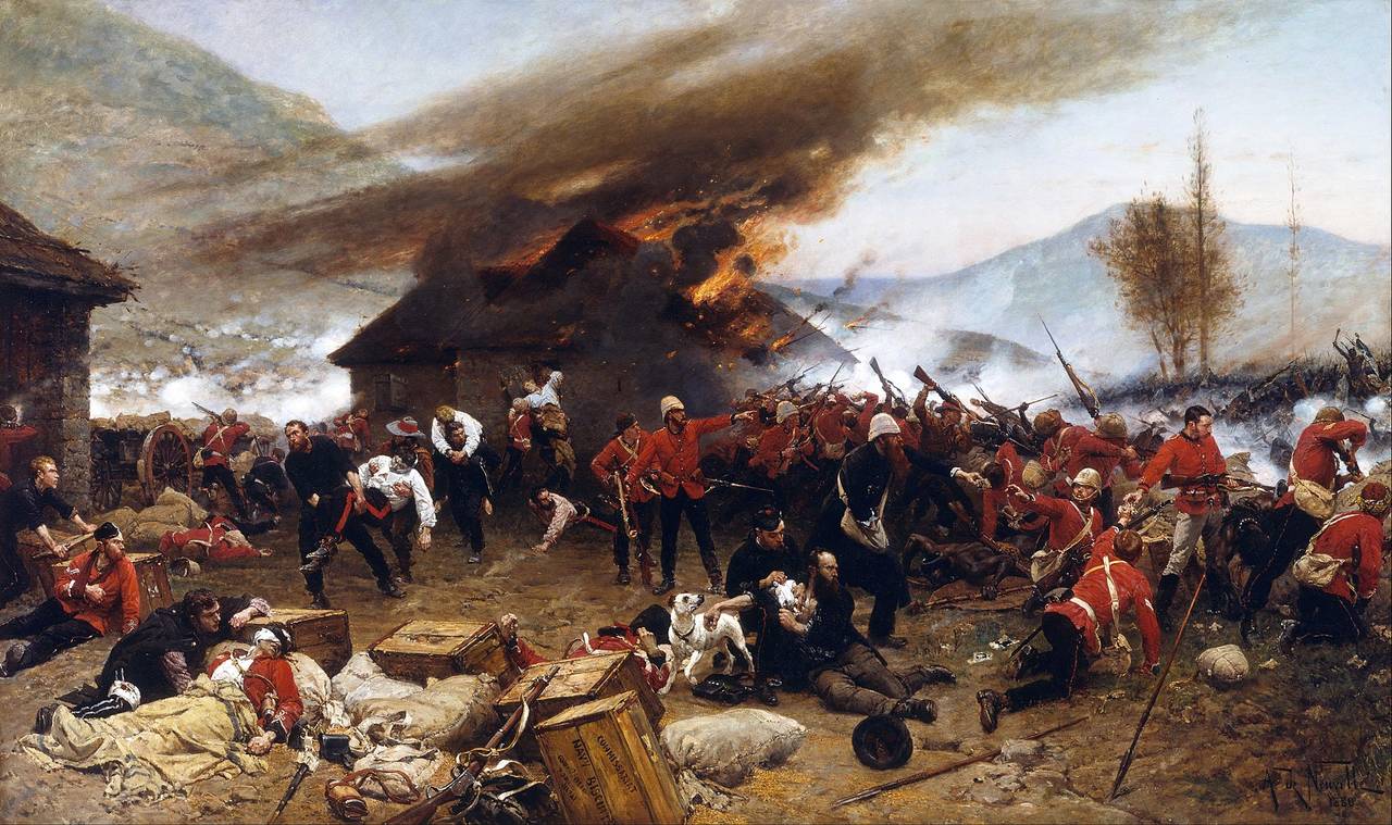 Zulukrigen. Maleri av slaget ved misjonsstasjonen Rorke's Drift. Alphonse de Neuville [Public domain], via Wikimedia Commons