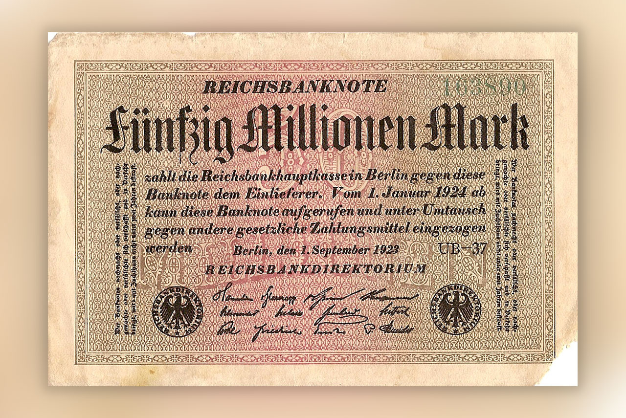 En marksseddel på 50-millioner fra den tyske hyperinflasjonen i 1920-årene. Foto: Reichbanksdirektorium, Germany / Wikimedia Commons